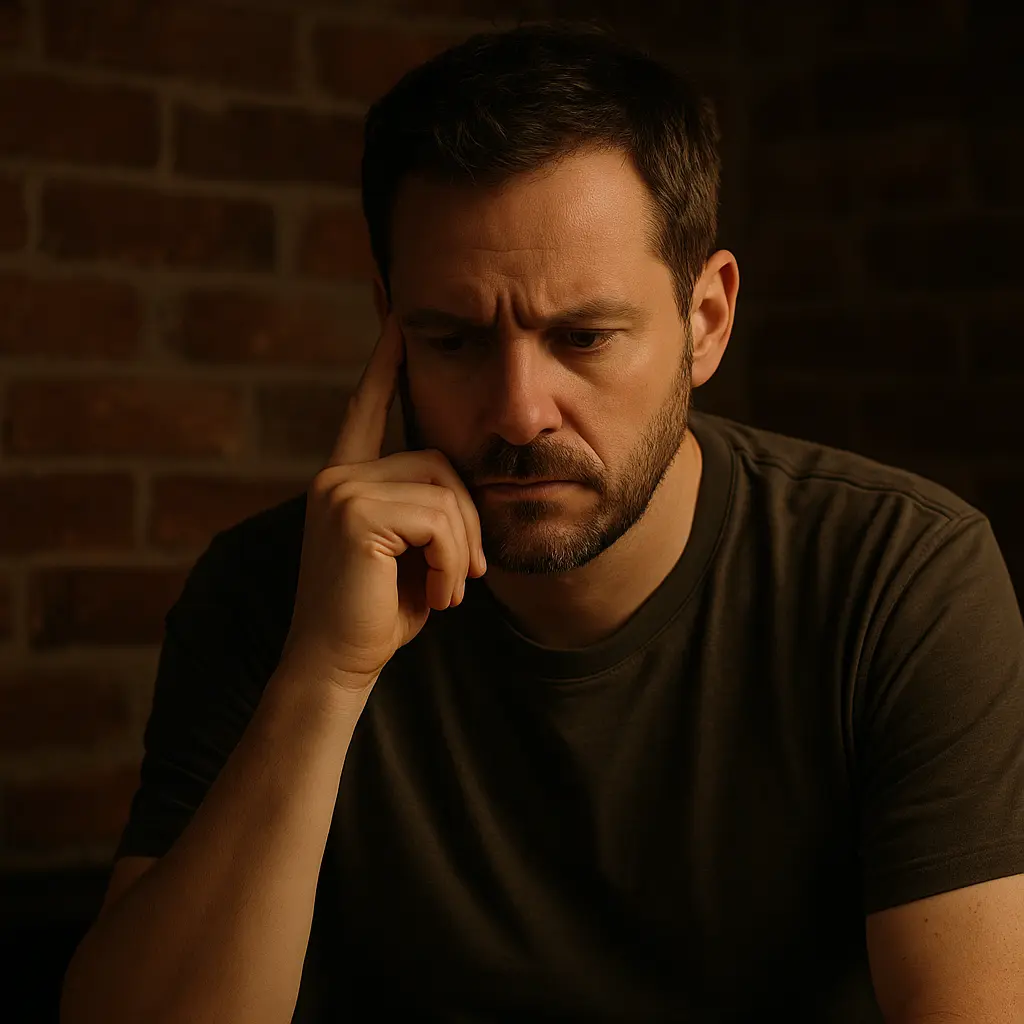 A man sits in deep thought against a dimly lit brick wall, symbolizing independent thinking and quiet rebellion.