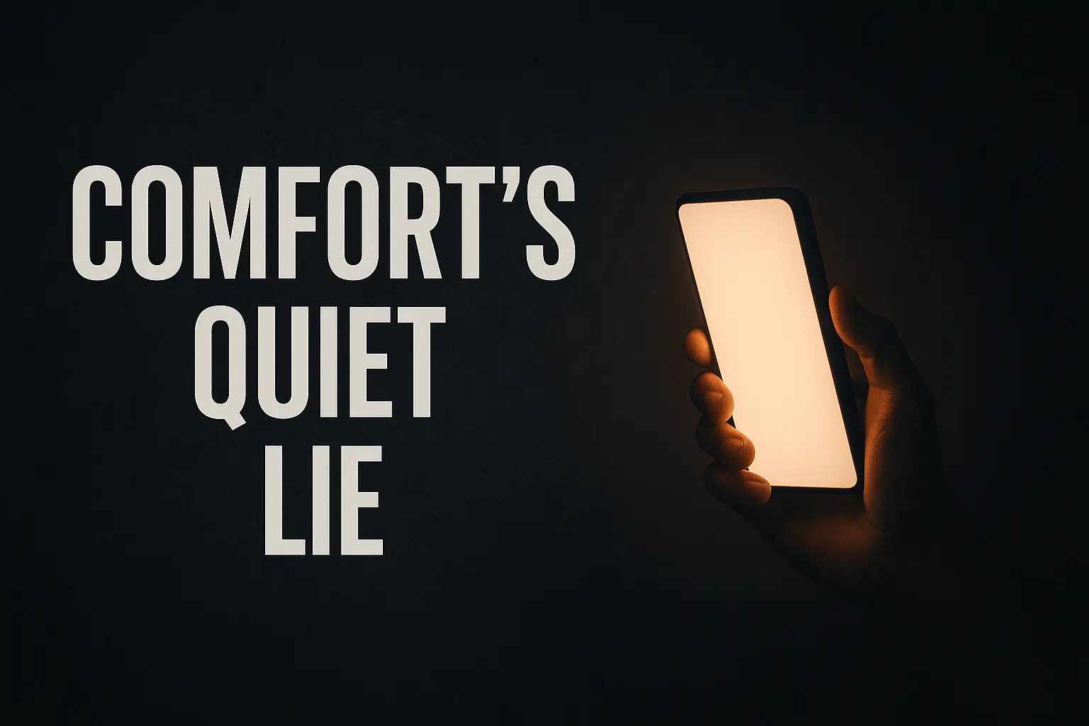 A human hand grips a glowing smartphone in the dark, its light casting soft bars across the fingers symbolizing how comfort becomes a new form of control.