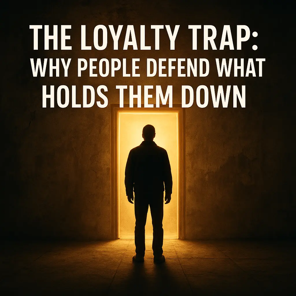 A person stands in a dim industrial hallway facing a glowing doorway, symbolizing awareness and freedom from the loyalty trap. Shadows behind them form faint chains, representing control and obedience.