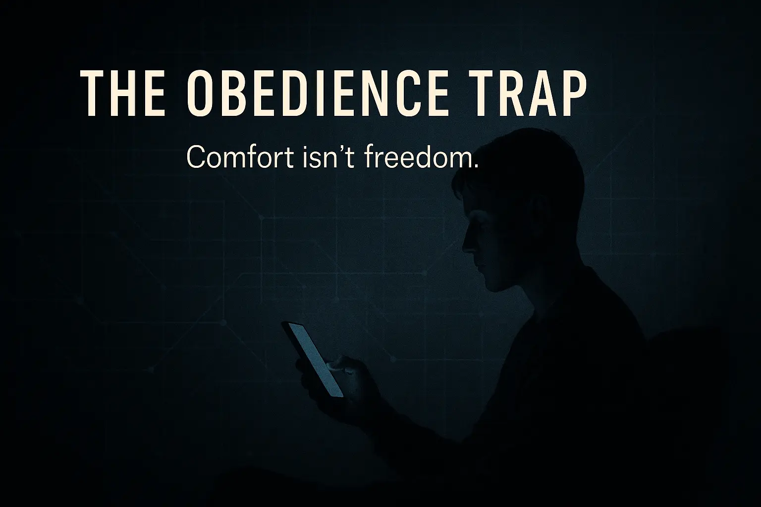 Person bathed in cold phone light surrounded by faint algorithm lines, representing the obedience trap and algorithmic control through comfort.