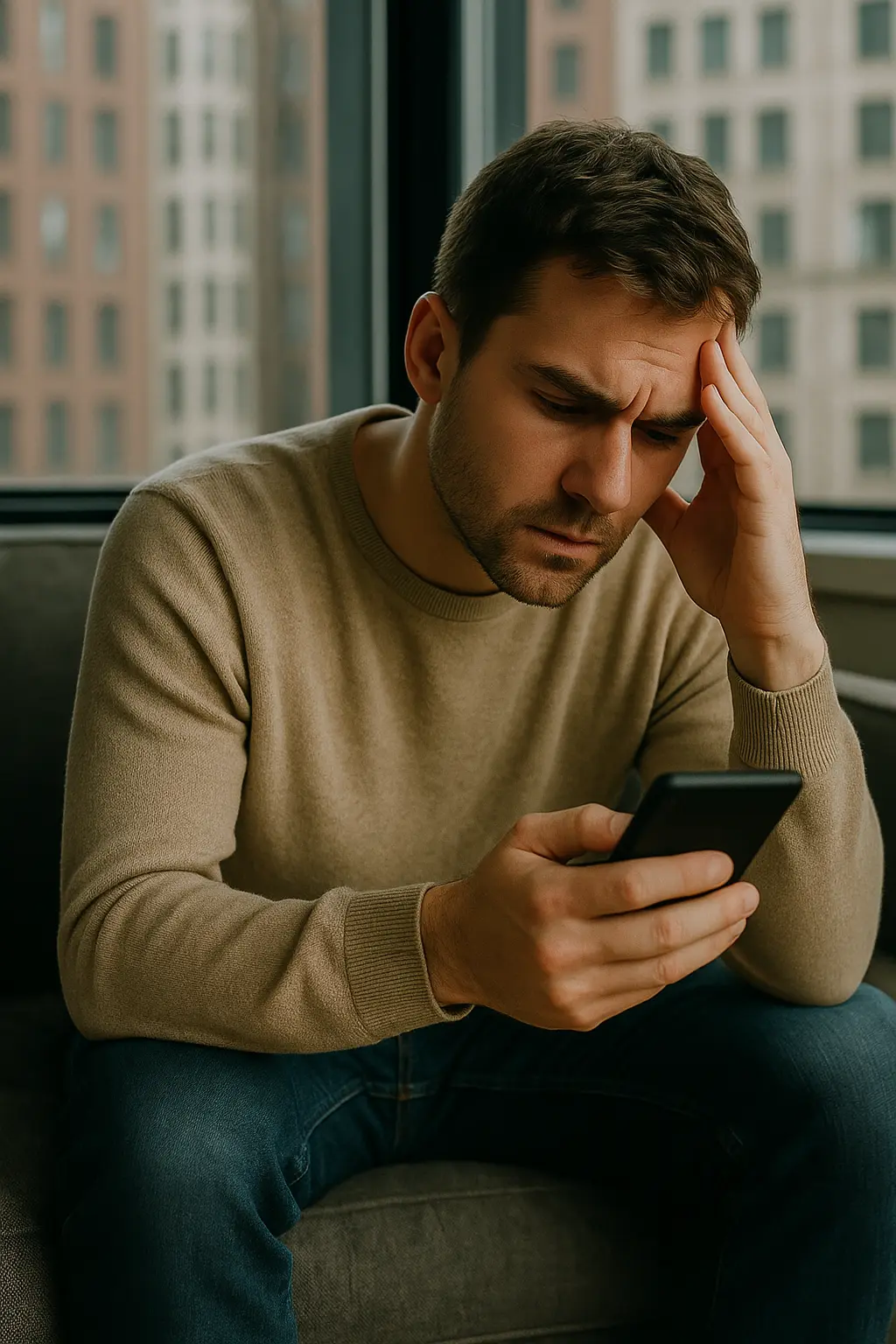 A man sits calmly at a desk surrounded by glowing computer monitors filled with social media feeds, news, and notifications. He turns one screen off while warm orange light contrasts with cool blue monitor light, symbolizing reclaiming control of attention in a distracted world.