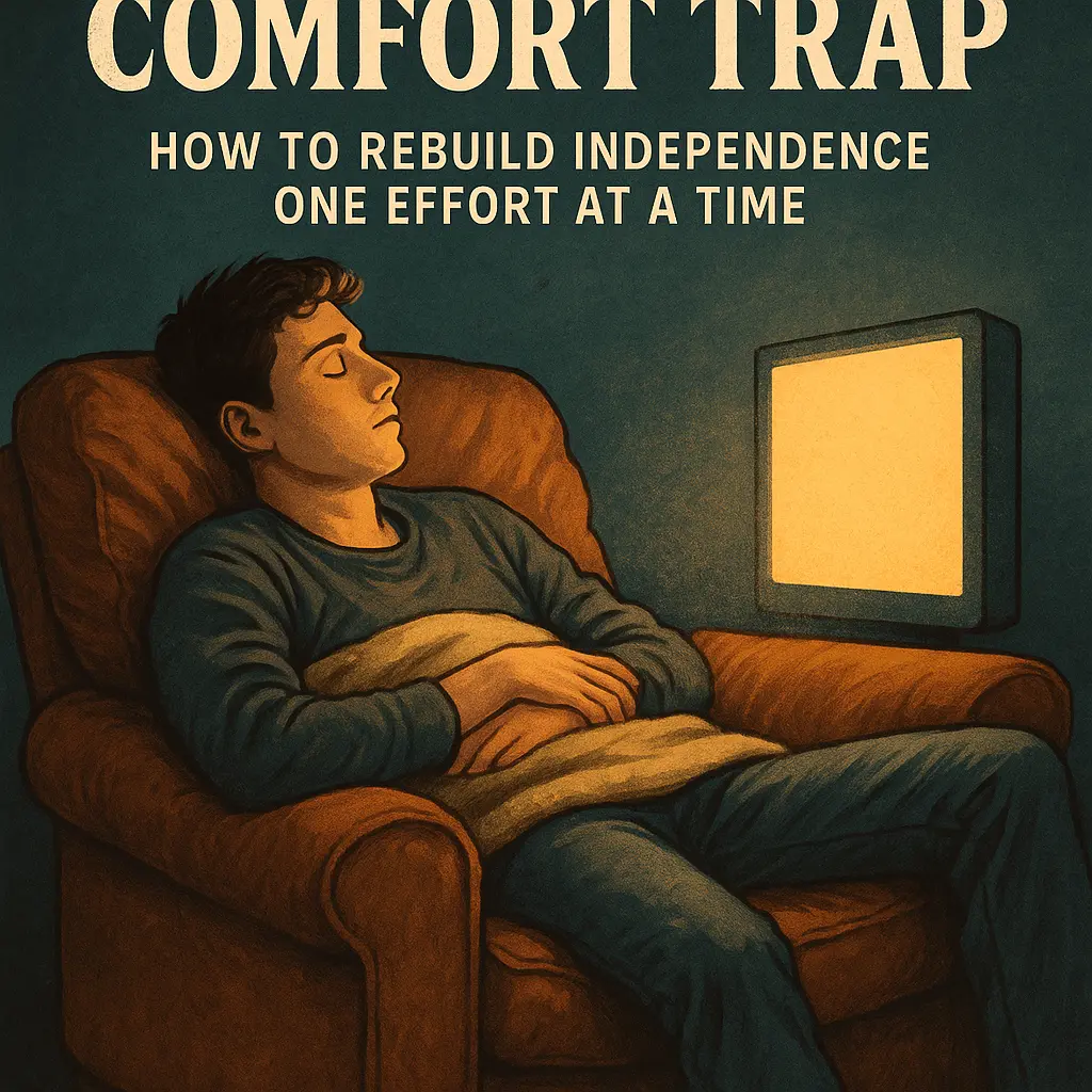 A digital illustration of a person sinking into a glowing couch surrounded by screens, with faint shadowy chains in the background symbolizing control through comfort.