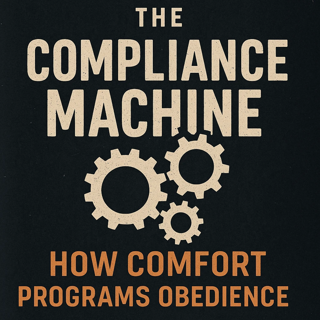 A digital illustration of a person surrounded by glowing screens and soft mechanical tendrils, symbolizing how comfort programs obedience in the modern world.