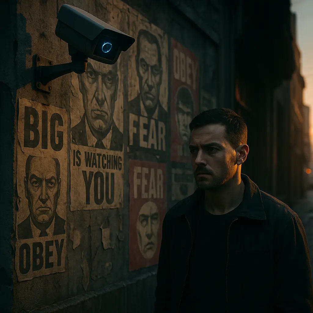 A man walks down a gritty city street lined with surveillance cameras and torn posters as sunlight breaks through clouds, symbolizing awareness breaking free from the fear machine.