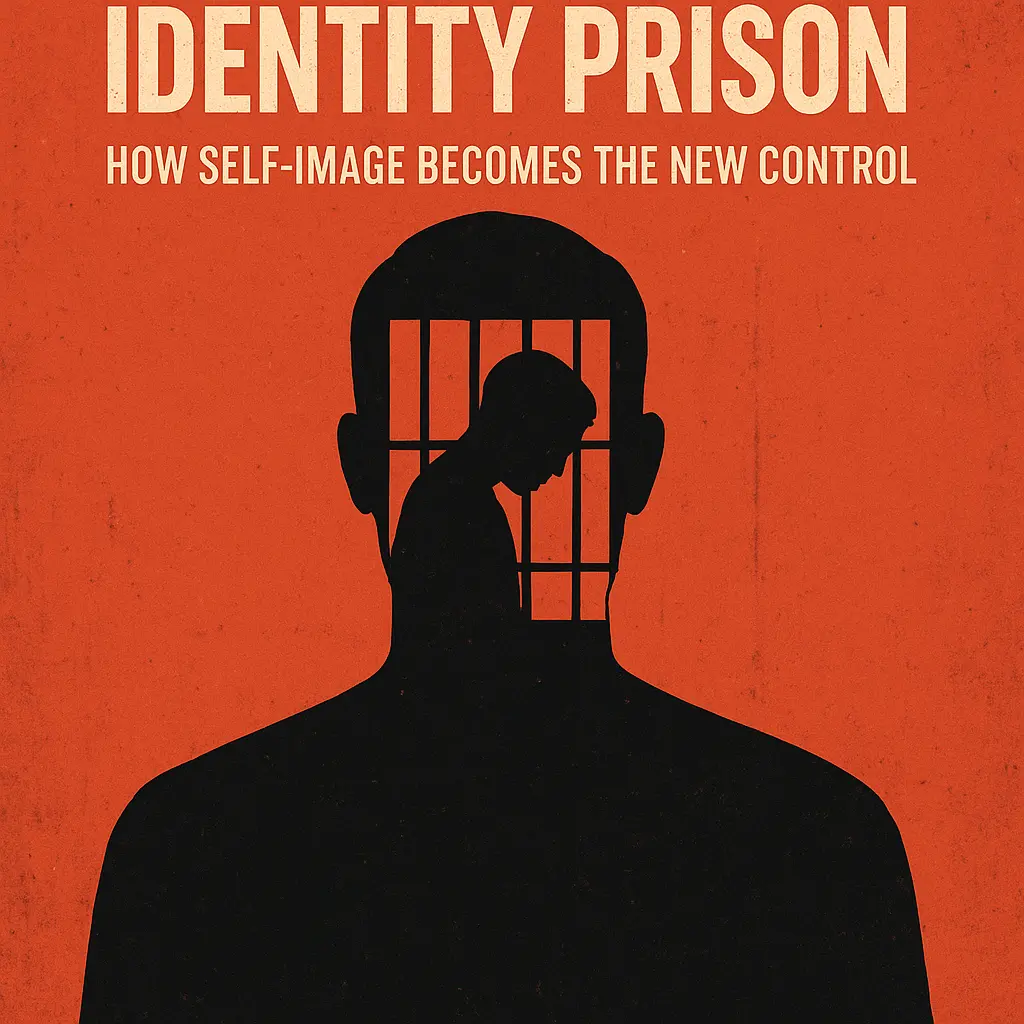 A digital illustration of a person facing a cracked mirror, each shard reflecting a different version of their face, symbolizing how self-image fragments identity and becomes a form of control.