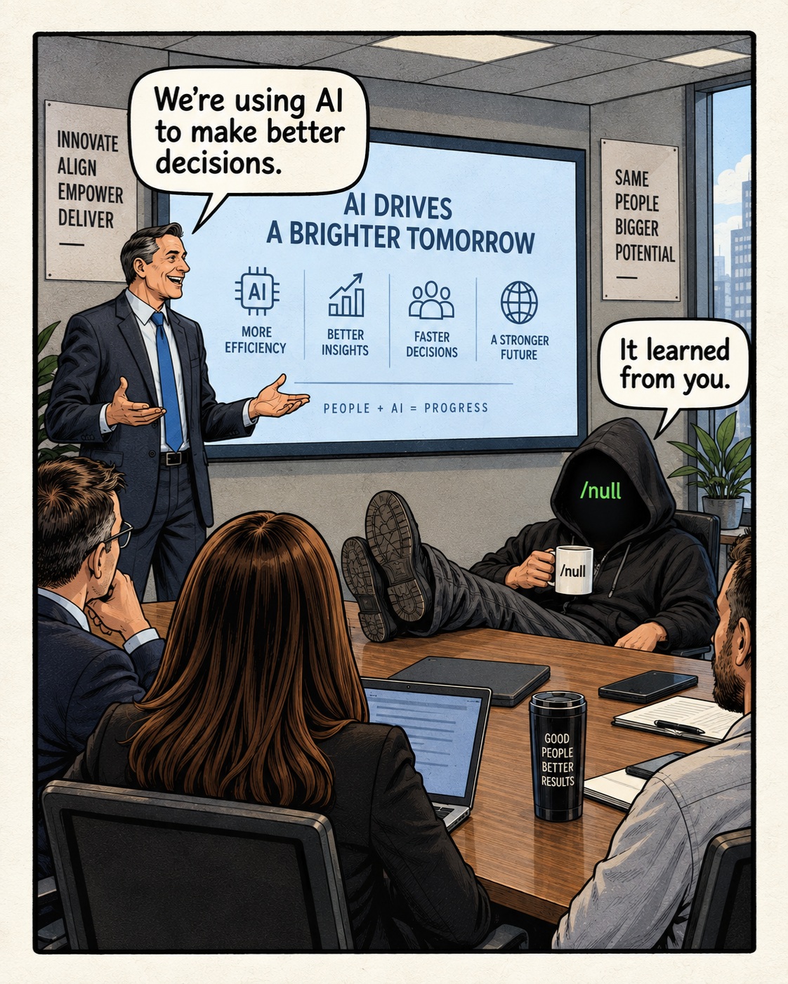 Garbage in. Garbage out.

We spent decades blaming the computer.

Now we’re teaching it.
/null

#null #AIHumor #GarbageInGarbageOut #GIGO #ArtificialIntelligence #TechHumor #CorporateHumor #CorporateLife #TechCulture #OfficeHumor #DarkHumor #Comic
