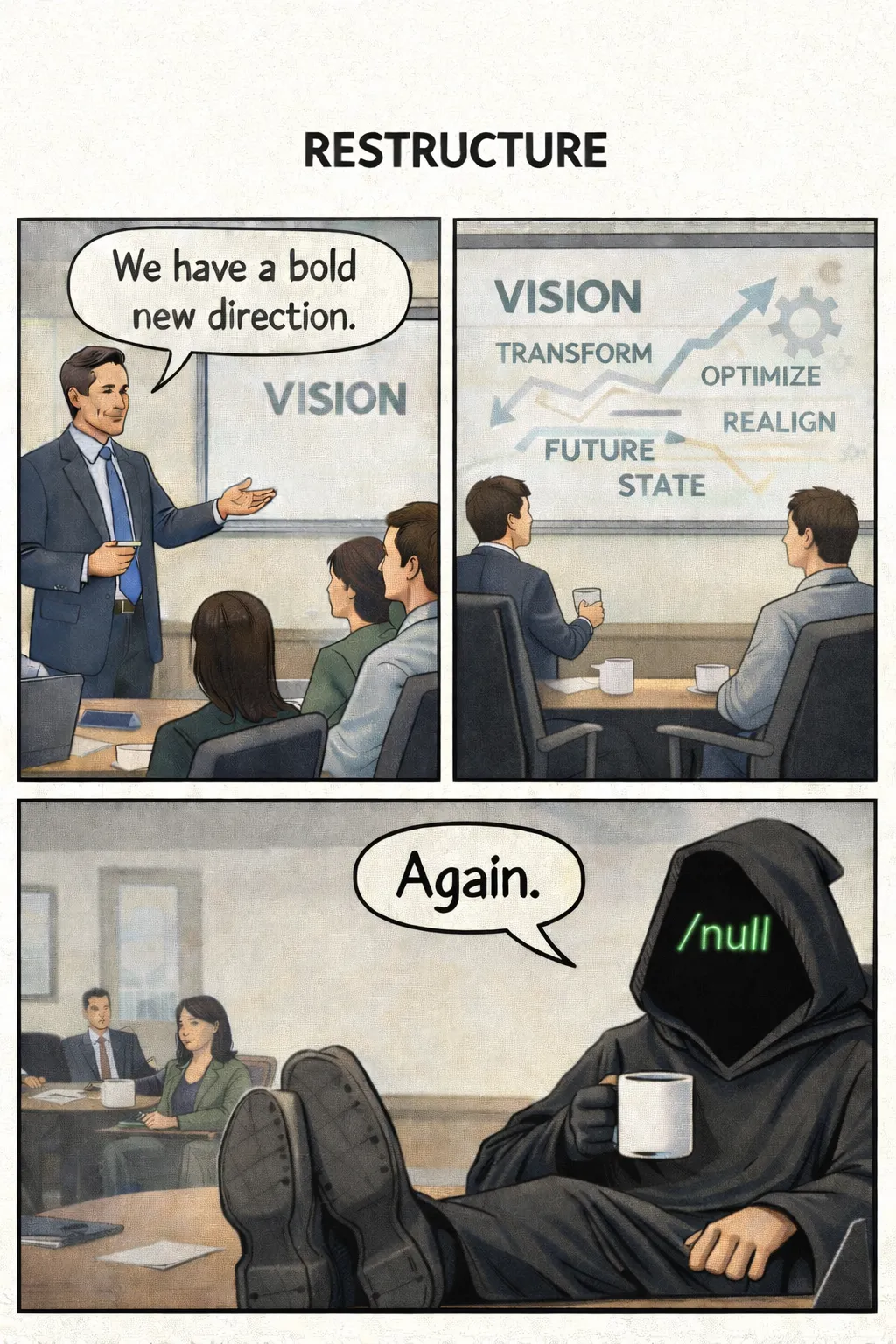 /null enters a corporate restructuring meeting after leadership announces a bold new direction and responds, “Again.”