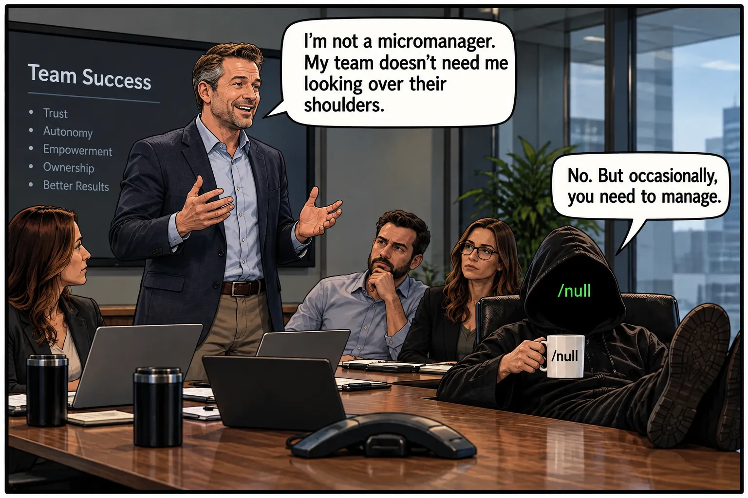 /null responds to a manager who says his team does not need him looking over their shoulders: “No. But occasionally, you need to manage.”