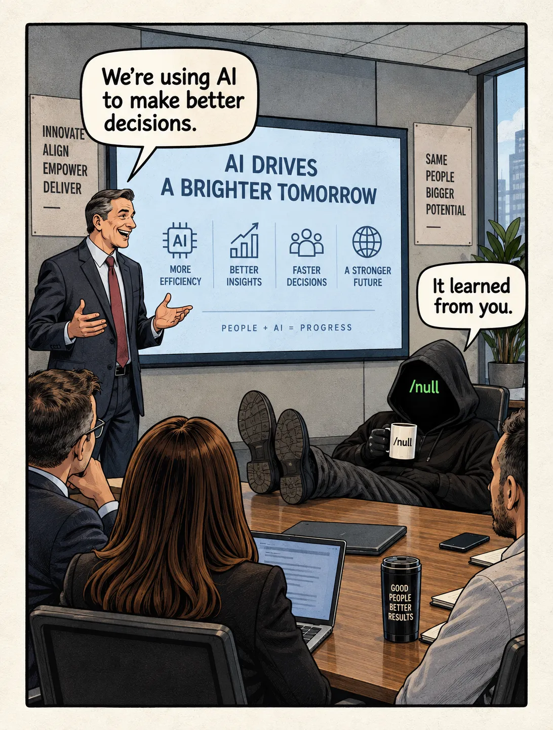 /null sits in a corporate AI presentation as a presenter says, “We're using AI to make better decisions,” and /null replies, “It learned from you.”