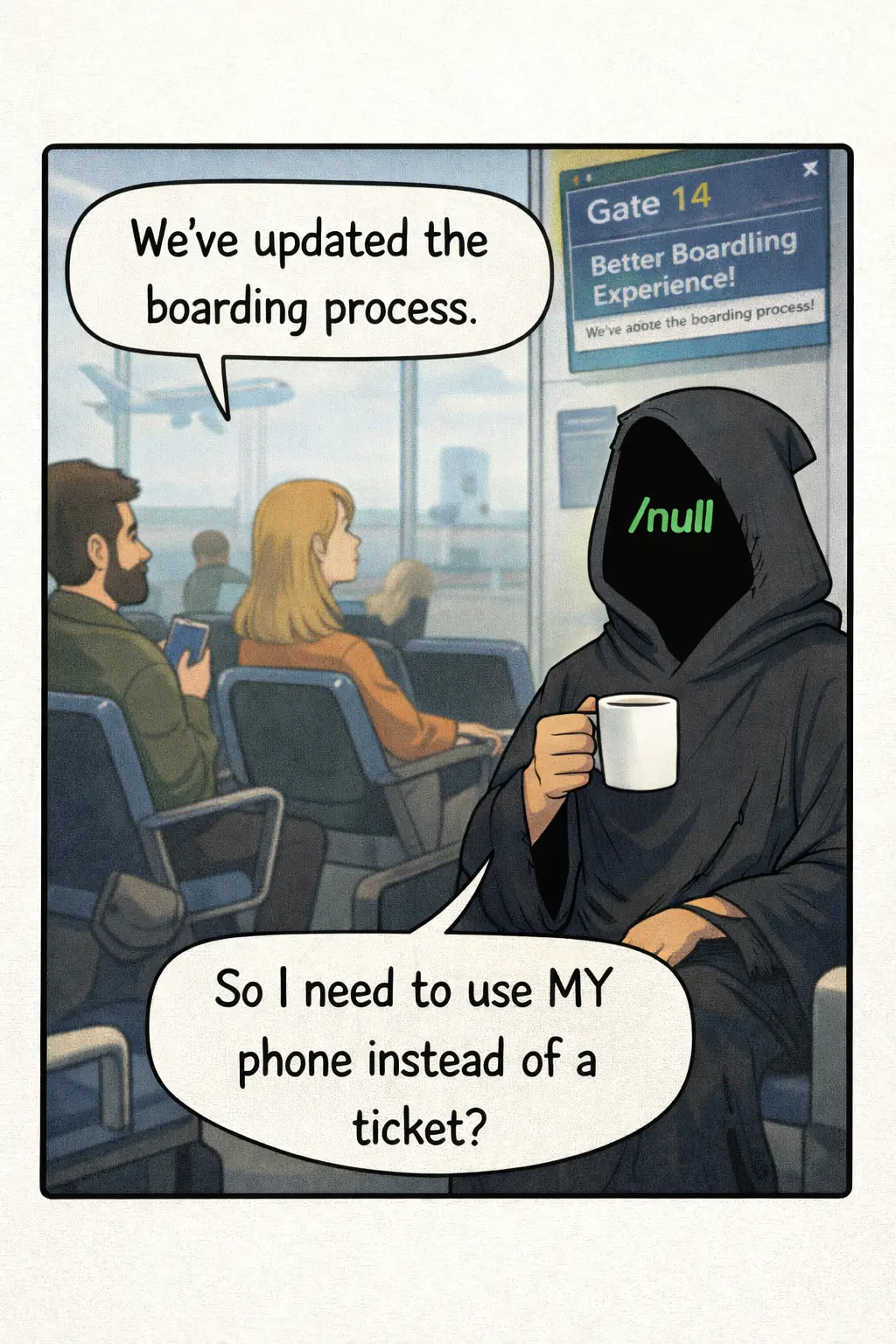 /null holding a coffee mug and phone at an airport as a boarding process is described as improved.